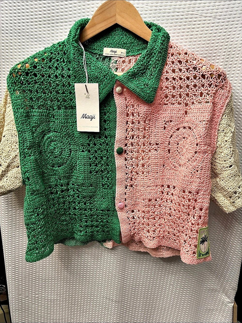 Maaji Tropical Sheer Cotton Crochet Cover-Up T-Shirt Green & Pink M/L
